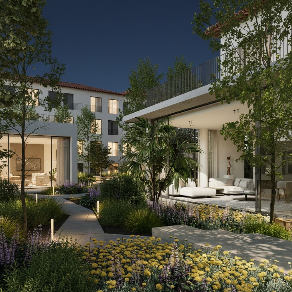 Lounge aberto para o jardim, com sofás e envidraçado corrido.