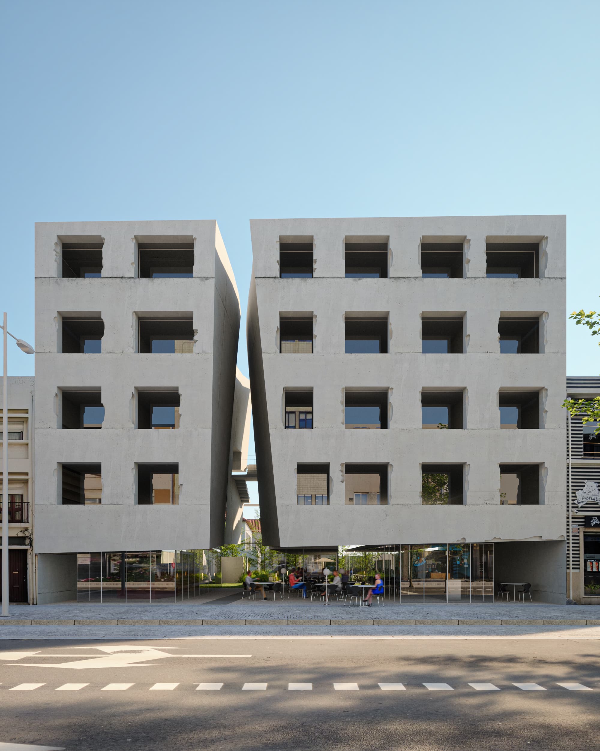 Render da fachada do OCEAM 1, com o piso térreo em vidro.