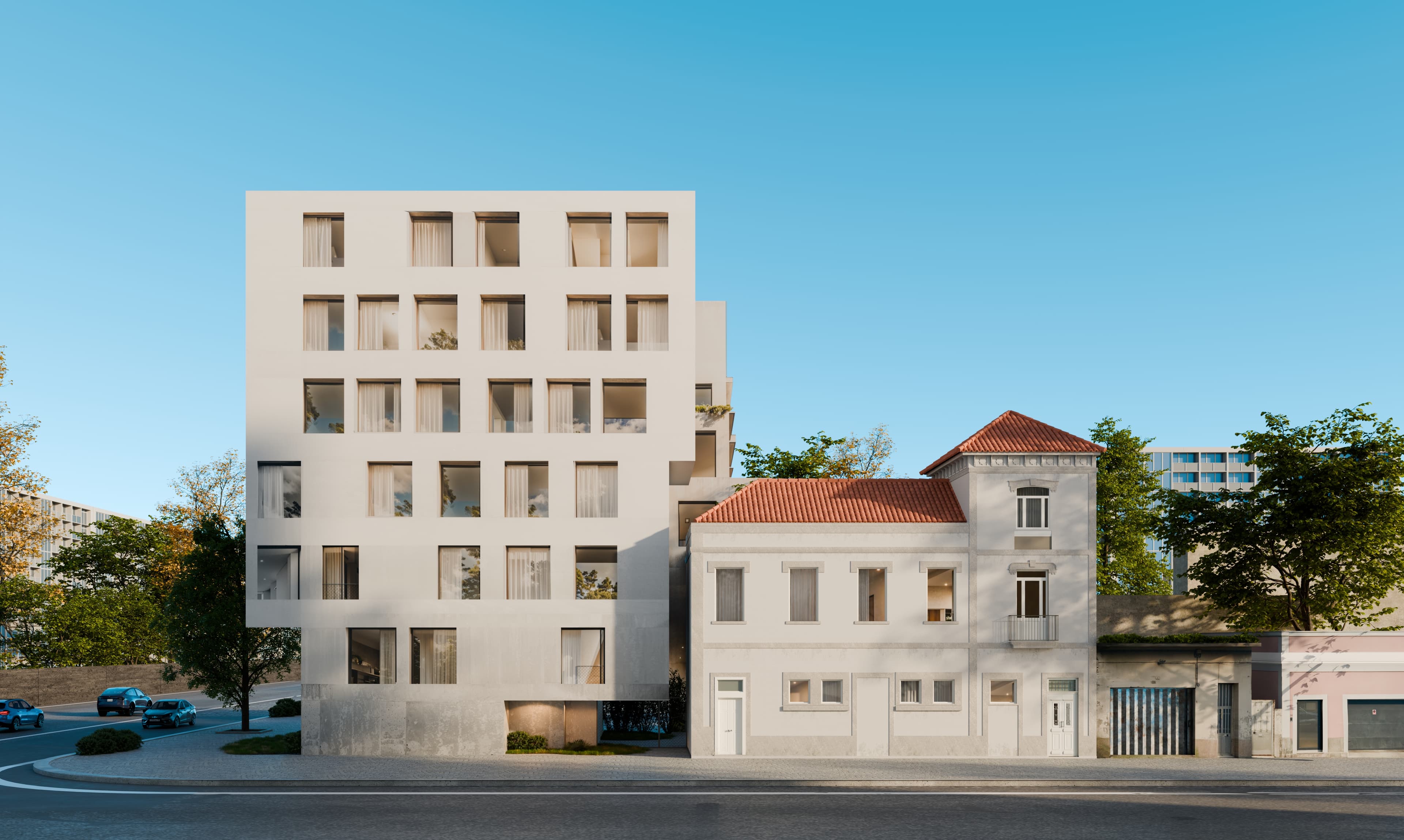 Render da fachada do OCEAM 2, ao lado do edifício antigo reabilitado.