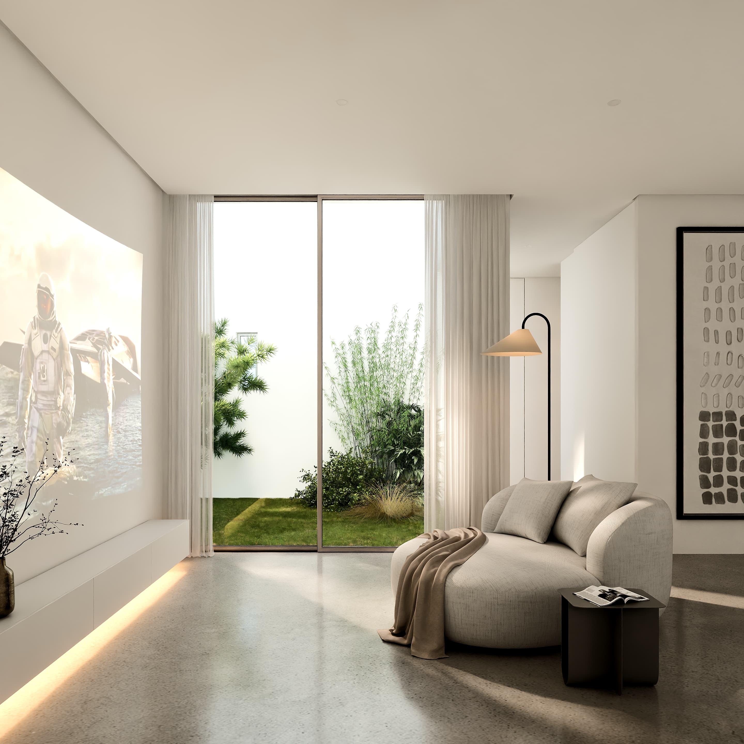 Render de uma sala com vista para o jardim interior.