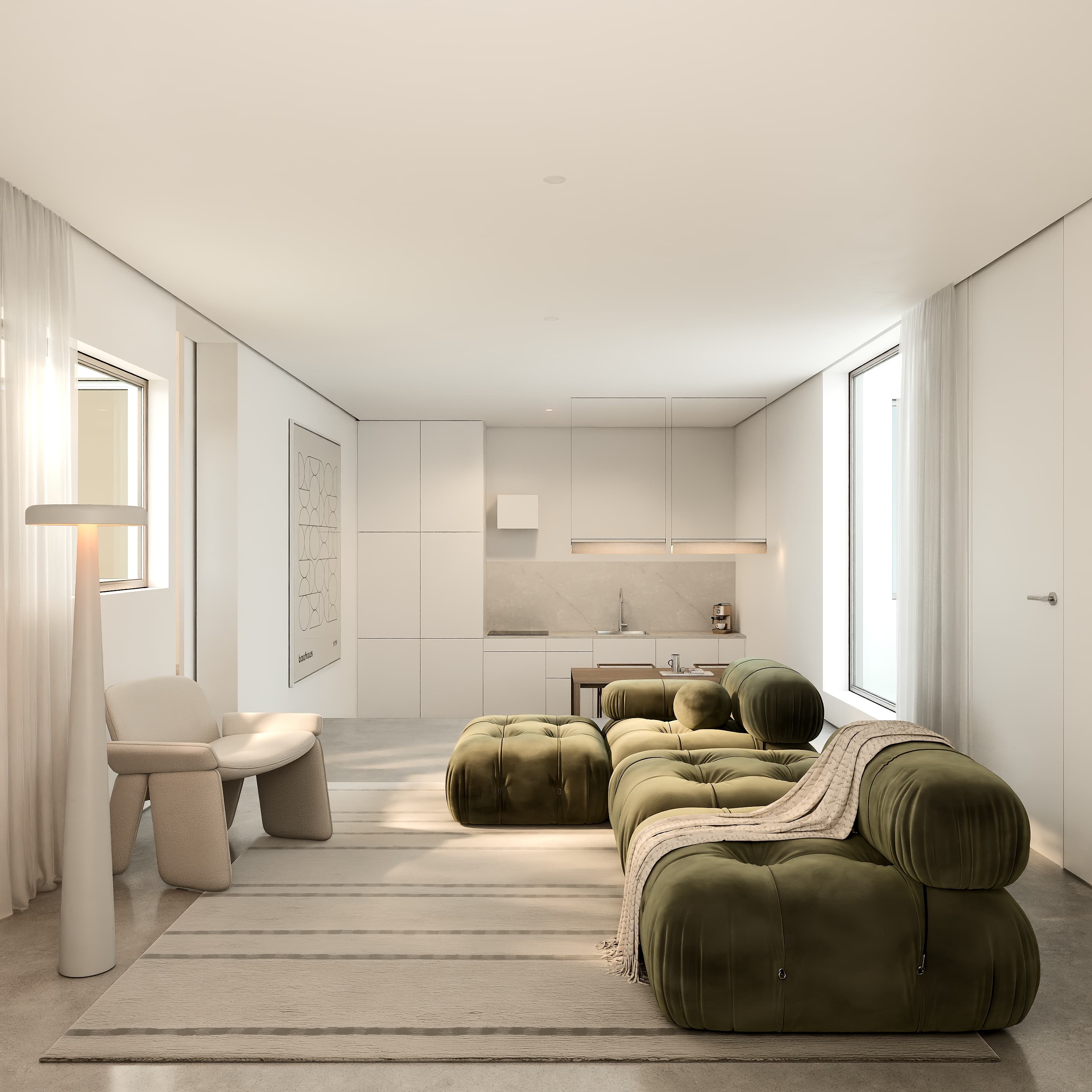 Render de uma sala com kitchenette integrada.