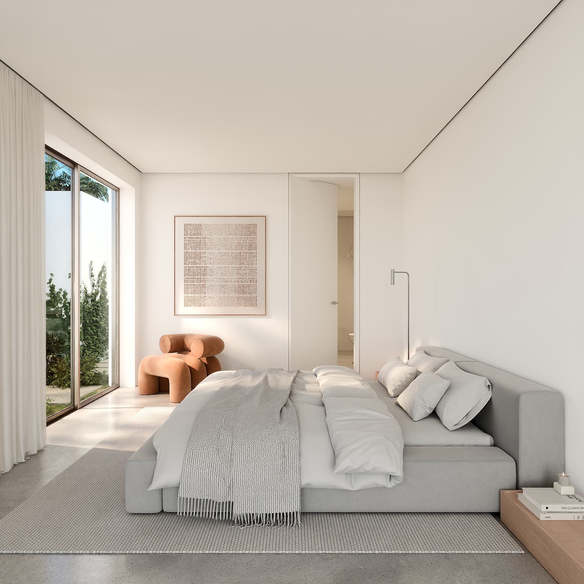Render de uma suite com acesso ao jardim.