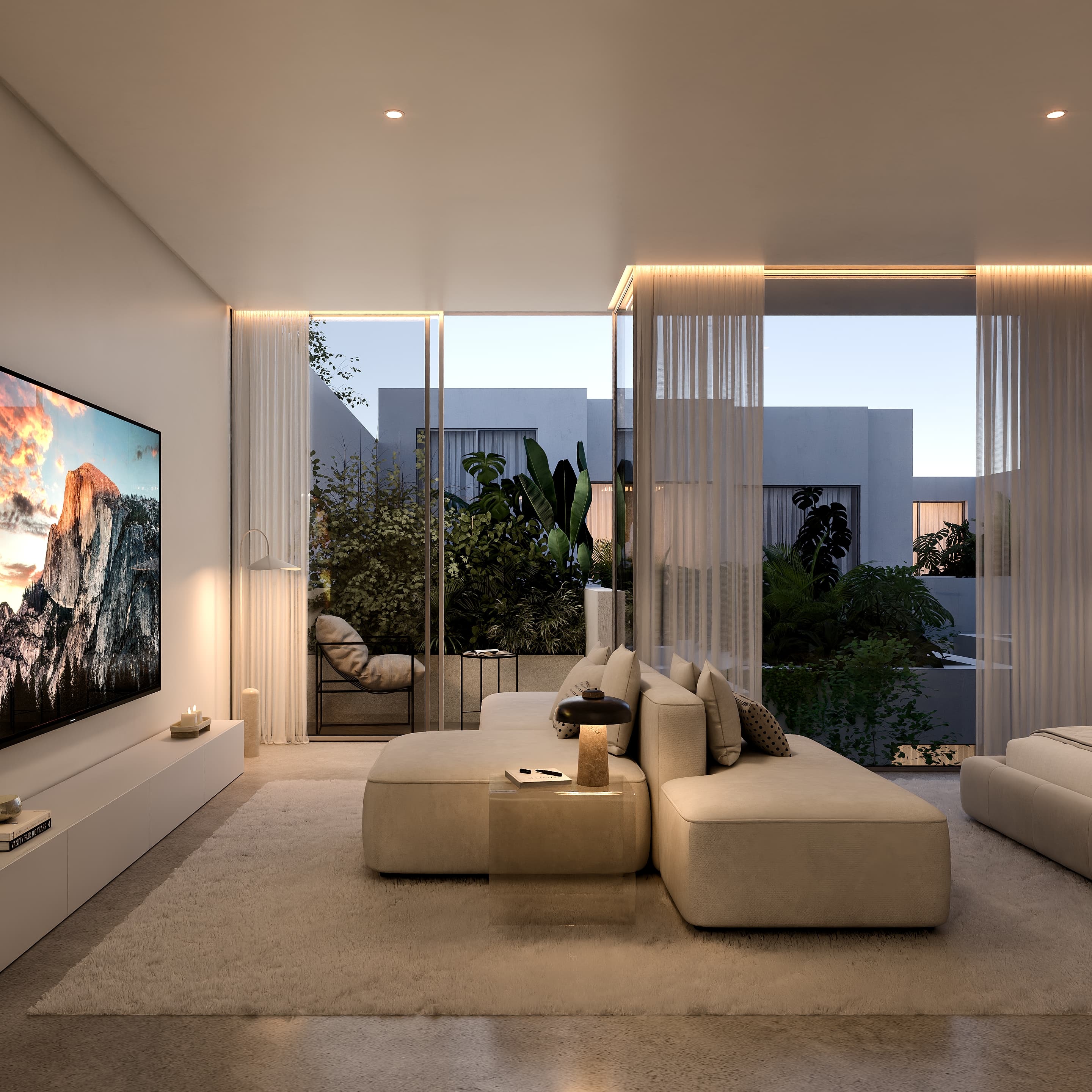 Render de uma sala com acesso à varanda.