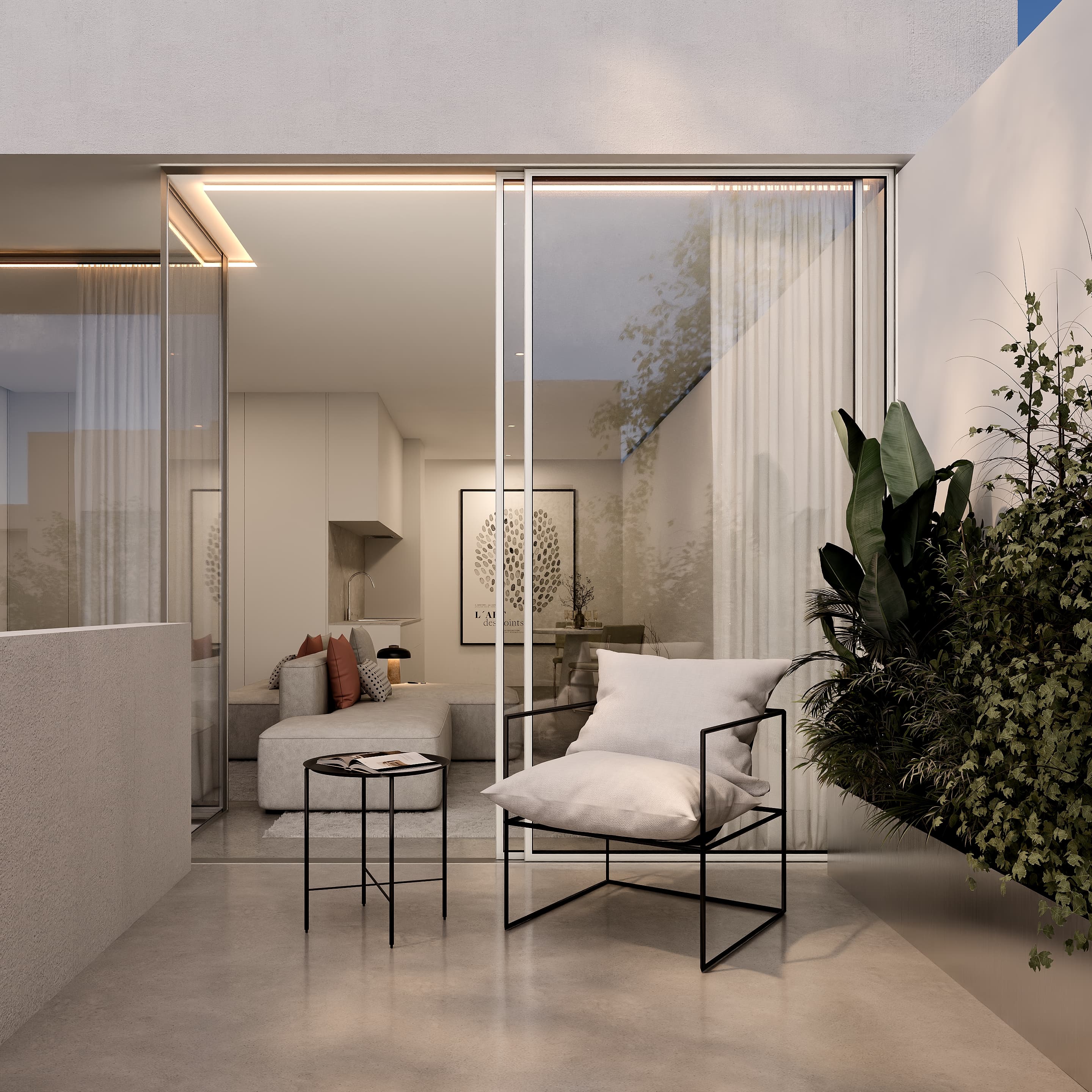 Render de uma varanda do OCEAM 4 com a sala em segundo plano.