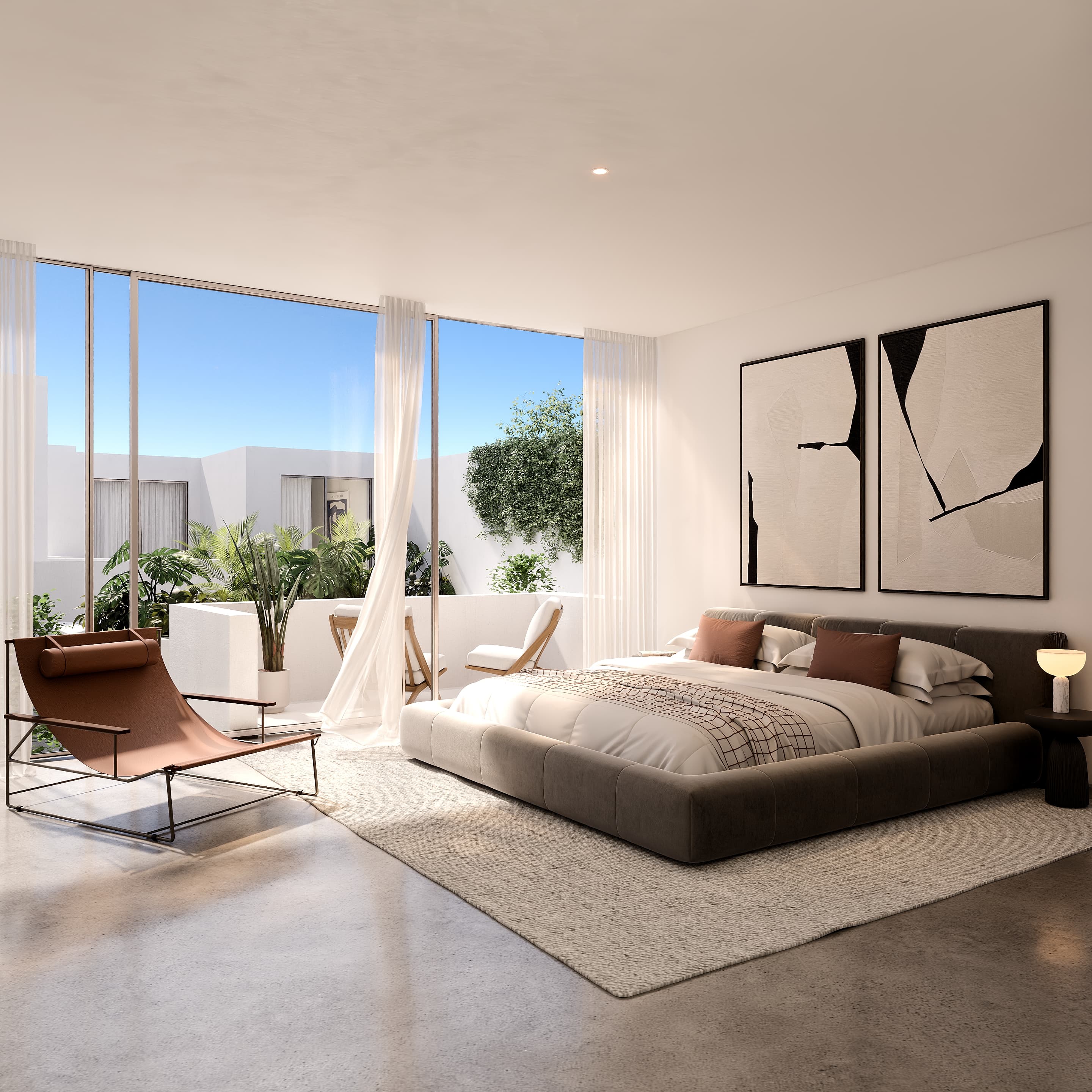 Render de um quarto com acesso a varanda.